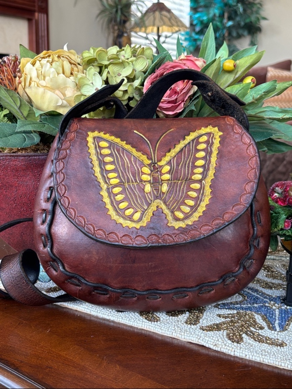 Vintage Hand-Tooled Brown Leather Crossbody Bag Butterfly Saddle Purse